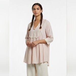 Mist Tunic Blouse Boho Cottage Prairie Pink Striped Ruffle M